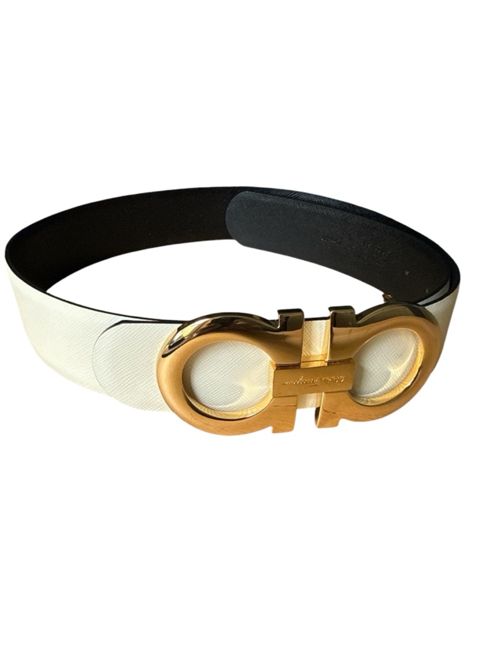 Salvatore Ferragamo White/Black Gancini Belt with Gold Buckle